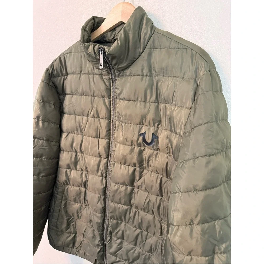 True Religion Men's Olive Green Puffer Jacket Logo Zip